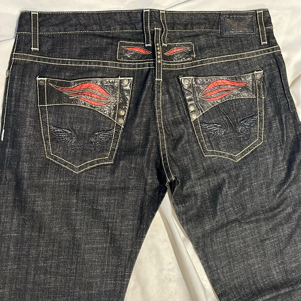 Men Robins Jeans Black Wash Red Viper Leather size 40
